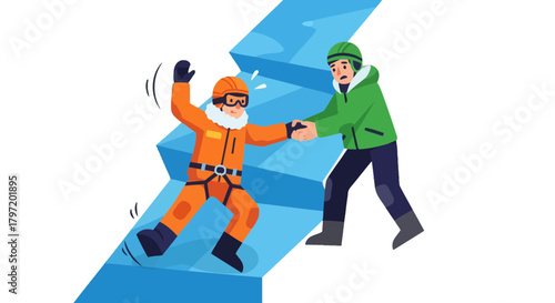 Mountain Rescuers Helping Climber on Ice Wall to Avoid Falling Down the Crevasse