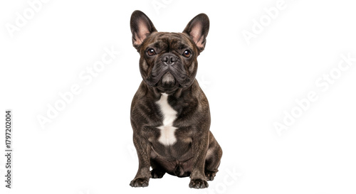 Isolated brindle French bulldog sitting indoors looking at camera in studio shot, dog photography
