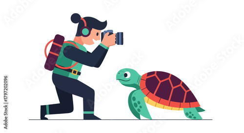 Photographer Capturing A Majestic Sea Turtle Against A Dark Backdrop