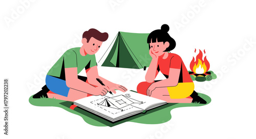 Planning Adventure: Two Individuals Outline Outdoor Plans Near Tent and Bonfire Scene