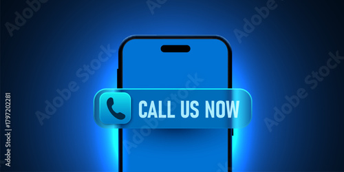 Call Us Now glass button on a modern blue smartphone screen.