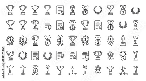 Award and Trophy Line Icon Set – Medals, Certificates, Badges & Winner Symbols
