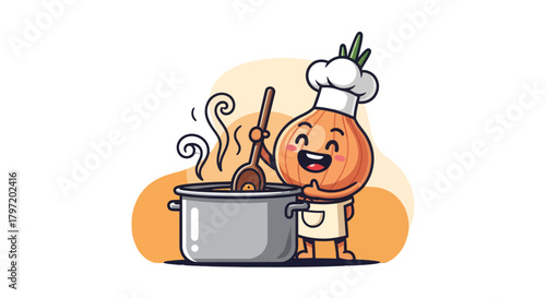 Onion Chef Joyfully Cooking in a Pot of Deliciousness, Cartoon Illustration