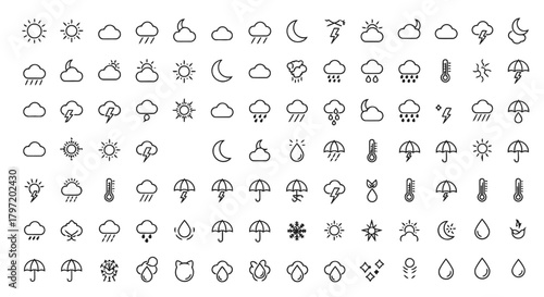Minimal Weather Line Icon Set – Sun, Rain, Cloud, Storm & Temperature Symbols