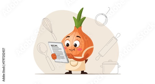 Onion Chef Delightedly Reading Recipe While Surrounded By Kitchen Utensils