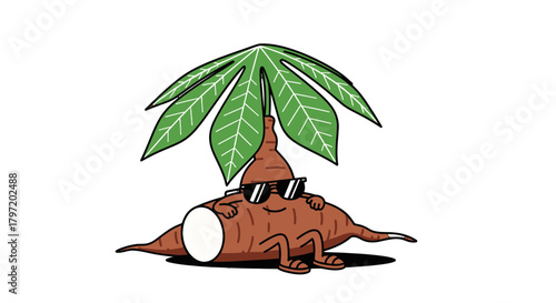 Relaxed Cassava Root Sunbathing Under A Palm Leaf Umbrella With Sunglasses On