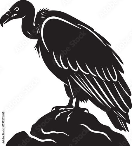 Majestic black silhouette of a vulture perched on a rocky outcropping against white