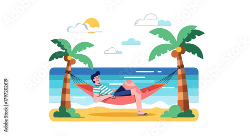 Relaxed Man Enjoying Tranquility on a Tropical Beach in a Hammock