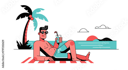 Relaxed Man Enjoying Summer Vacation with Tropical Drinks by the Beach Scenery