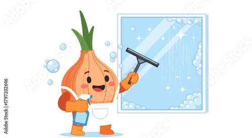 Onion Mascot Delightfully Cleaning A Shiny Window with Bubbles and Spray