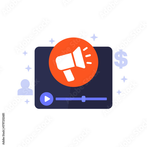 video marketing icon, promotion and advertising, flat vector design
