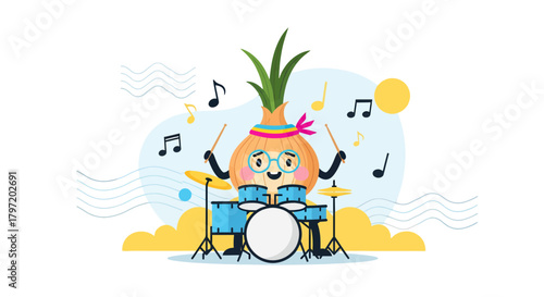 Onion Musician Playing Drums With Musical Staff And Notes On Black Background