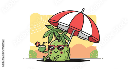 Relaxing Coconut Character Enjoying Summer Vacation Under Umbrella on The Beach Days