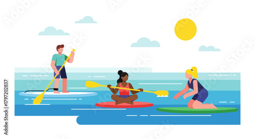 Paddleboarders Enjoying Watersport Activities Under The Sun in Calm Water and Serene Night