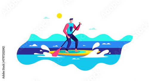 Paddleboarding Adventure: Coastal Illustration Featuring A Person Against Black Backdrop
