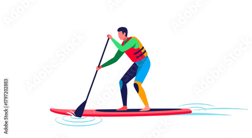 Paddleboarding Adventure: Vivid Illustration of A Paddler In Striking Colors on the Water