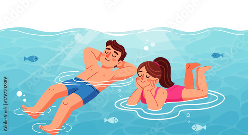 Relaxing Couple Floating in a Serene Aquatic Environment Enjoying Summer Time