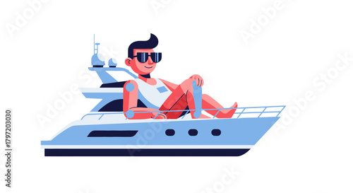 Relaxing On a Luxury Yacht, Summer Vibes, Cartoon Illustration, Ocean Adventure