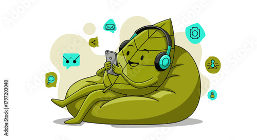 Relaxing Leaf Character Enjoys Music and Social Media on a Modern Beanbag