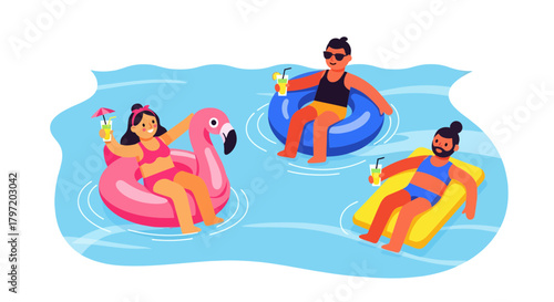 Relaxing Inflatable Fun: Summer Pool Party with Refreshing Drinks and Good Times