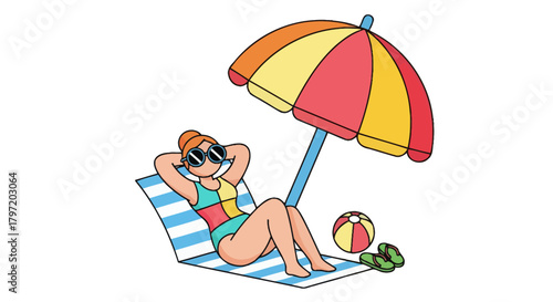 Relaxing On Beach: A Vibrant Illustration Of Summer Leisure And Seaside Getaway