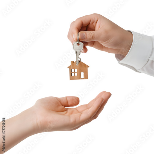 Wallpaper Mural Hand passing house key and wooden house-shaped keychain, symbolizing ownership transfer, isolated on transparent background Torontodigital.ca