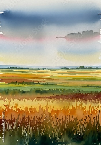 Watercolor depiction of a serene landscape, featuring open fields expanse