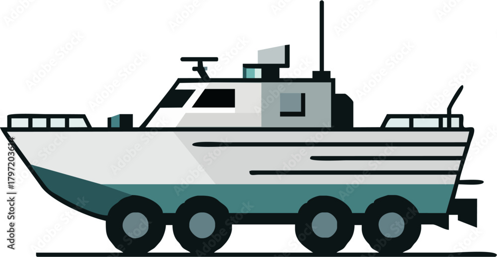 Fototapeta premium Unique amphibious vehicle with wheels, ready for adventures, perfect for transportation concepts, offering a fresh, modern transportation design