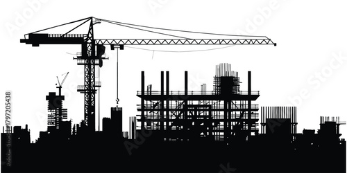 Construction site silhouette with large tower crane, building framework, scaffolding, industrial machinery, urban development skyline, civil engineering structure illustration vector design
