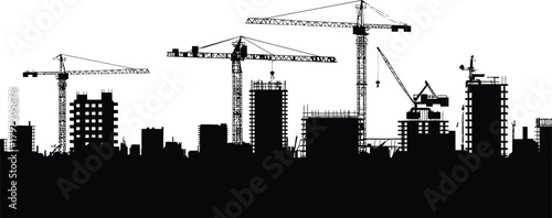 Construction site silhouette with large tower crane, building framework, scaffolding, industrial machinery, urban development skyline, civil engineering structure illustration vector design
