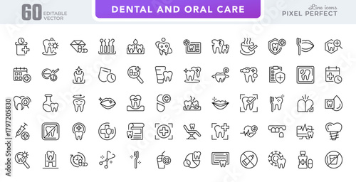 Dental and Oral Care line icon set. Containing tooth, dentist, toothpaste, toothbrush, teeth, implant, care, health, good, mouth, oral outline icons. Editable stroke
