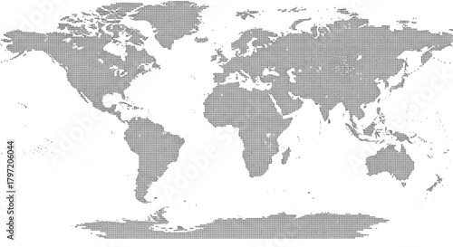 Abstract grid pattern world map illustration with continents outlined in a minimalist black and white design representing global connections and data