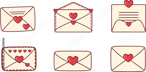 Cute romantic love letter envelopes with heart seals, adorable kawaii mail icons perfect for Valentine messages, invitations, and greeting designs