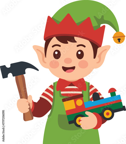 Christmas elf vector illustration holding a hammer and a colorful toy train ready for holiday workshop duties