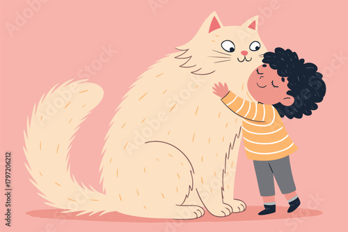 A child embracing a large, soft cat with affection, rendered as a clean, flat vector illustration.