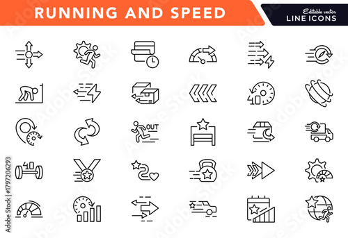 Running and Speed line icon set. Running sport, marathon, runner, race, treadmill, speedometer, stopwatch outline icons