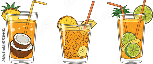 Refreshing tropical fruit drinks with coconut, pineapple, banana, and lime slices in vibrant hand-drawn style summer juice illustration