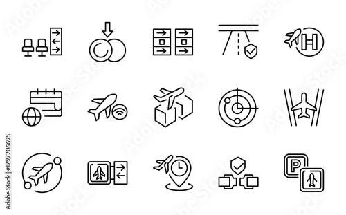 Airport line icon set. Travel sign, traveling, tourism, booking, different tours, visa assistance, insurance icons pack. Editable stroke
