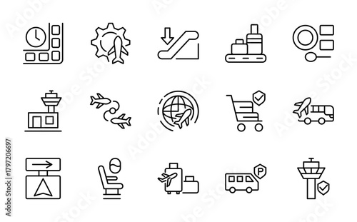 Airport line icon set. Briefcase, travel sign, suitcase, traveling, tourism, booking, tours, visa assistance, insurance line icon set