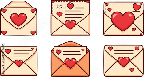 Cute love envelopes with heart symbols and romantic letters, flat cartoon vector illustration for Valentine messages, wedding cards, romance design