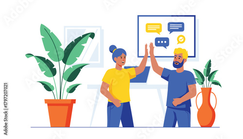 Teamwork High-Five: Colleagues Celebrating Success and Partnership in Office. 