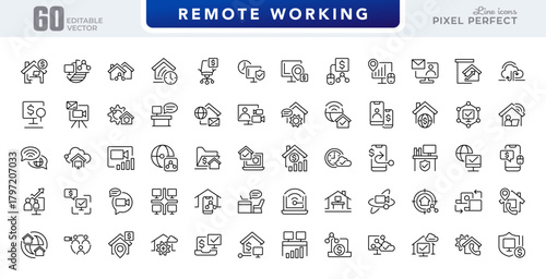 Remote Working line icon set. Remote working, freelance, hybrid work, digital nomad, office, home office, telecommuting, video conferencing vector outline icons. Editable stroke