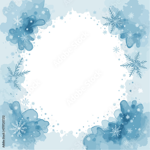 A cool blue border framed by delicate snowflakes and icy blooms creates a wintery background ideal for holiday promotions, seasonal invitations, and festive marketing materials.