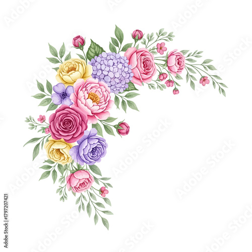 A watercolor illustration of a vibrant floral corner arrangement featuring pink and yellow roses, purple hydrangeas, and peonies with green leaves on a white background.