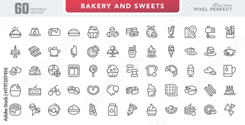 Bakery and Sweets line icon set. Dessert, cafe, cake, bread, cookies, sweets, drinks, food items, pie, slice, donut, cupcake vector outline icons. Editable stroke