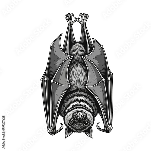 Detailed black and white engraving of a bat hanging upside down with its wings spread, isolated on a white background.