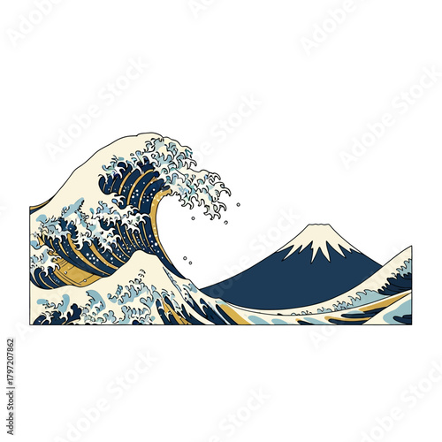 The Great Wave off Kanagawa, a famous Japanese ukiyo-e woodblock print depicting a giant wave threatening boats with Mount Fuji in the background.