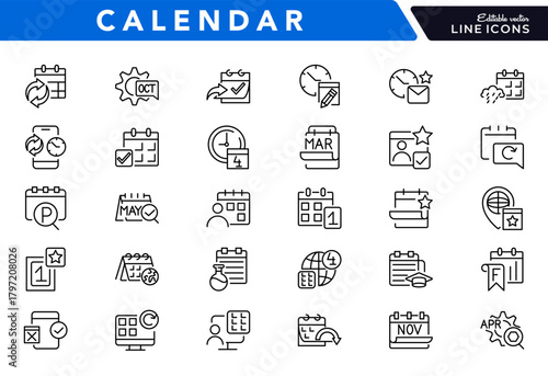 Calendar line icon set. Schedule, month, week, day, appointment, agenda, organization, event, time, planning, stopwatch, date vector line icons.