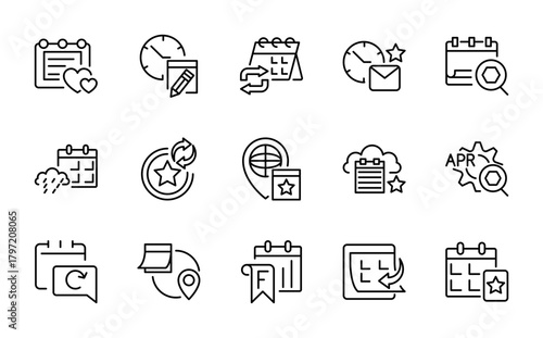 Calendar line icon set. Schedule, month, week, day, appointment, agenda, organization, event, time, planning, stopwatch, date line icons