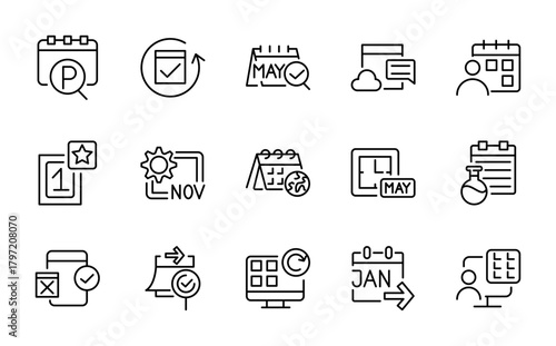 Calendar line icon set. Schedule, month, week, day, appointment, agenda, organization, event, time, planning, stopwatch, date thin line icon pack.